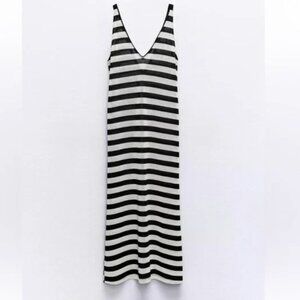 Zara Black and White Striped V-Neck Slip Dress